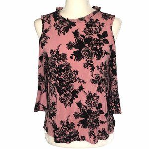 Pink Peony Cold Shoulder Top Bell Sleeve Floral Ruffle Collar Keyhole Neckline
